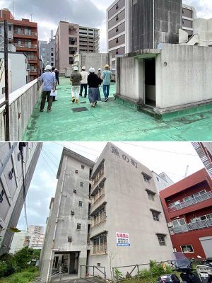 上／屋上。今は周囲をビルに囲まれているが、昔はここから約700ｍ先の県庁の時計台が見えたという　下／東側外観。壁の上に大きく「魚の町団地」と書かれている。1階の床下換気口が地面からやや高い位置にあるのが分かる