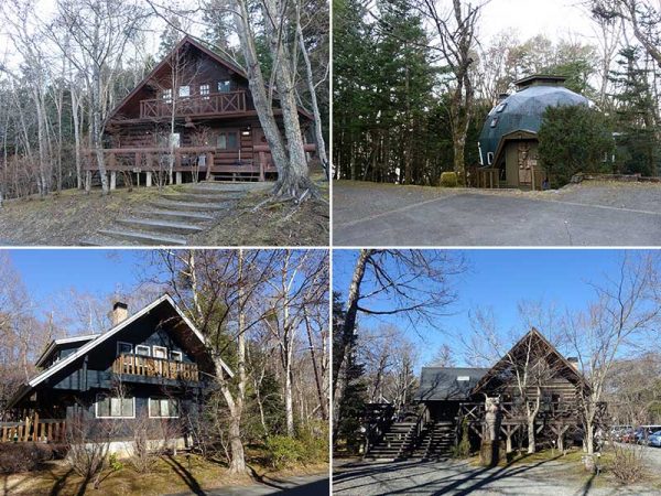 タイムシェアできる別荘は個性豊かなBESSの全17棟。左上：ハンドヒューンログハウス（定員7名）、右上：ドームハウス（定員5名）、右下：センターハウス（受付や滞在中のサポートを受けられる建屋）、左下：ファインカットログハウス（定員7名）など、さまざまなタイプがある