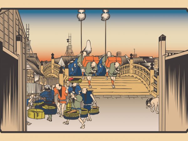 広重画の日本橋早朝之図。大名行列の前を棒手振りたちが商売に出かけて行く姿が描かれている。参勤行列に出会うと町人は、土下座するイメージがあるが、実際には道を譲るだけでよかった