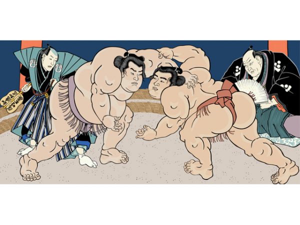 歌川国貞画の黒岩重太郎と小柳常吉の取組図。江戸の娯楽といえば、女は芝居見物、男は相撲見物と相場が決まっていた。大道芸人も相撲や芝居のモノマネが人気を博した