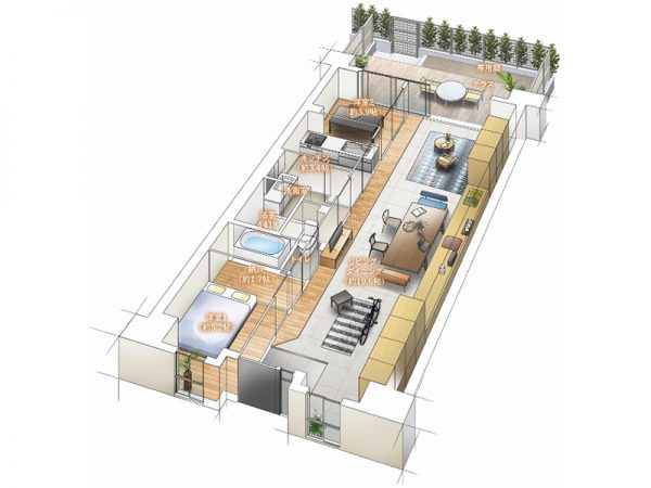 玄関からテラスまでつながるダイナミックなビッグリビング