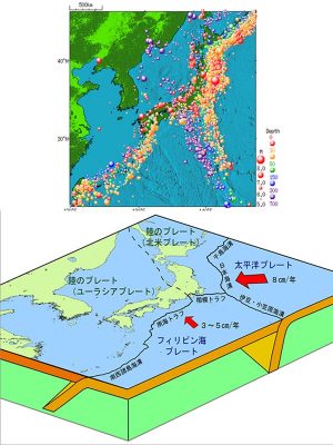 1960年から2011年にかけての日本付近で発生した地震の分布図と 日本付近のプレートの模式図（※気象庁HPより）