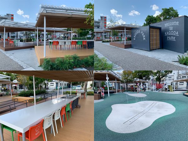 ステージをはじめさまざまな設備を有する約7,000 m2の籠田公園。2019年7月にリニューアルオープンした