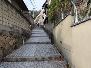 LOGへ向かう道。建物は右側の石垣の上にあり、ここまでくればあともう少しだが、これがきついのである