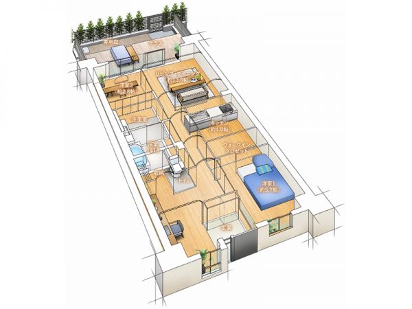 玄関入ってすぐの広々空間は、リモートワークや子供の勉強場所として利用できる。奥の収納には棚があるので、本棚としても活用できる