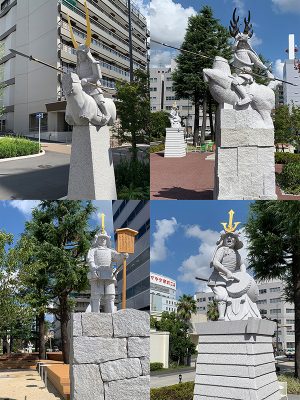 緑道には徳川四天王像（右上から時計回りに…本多忠勝・酒井忠次・榊原康政・井伊直政）も。各像には解説板が設置されており、そこにあるQRコードを読み込むと、岡崎市出身の声優・櫻井孝宏さんによる音声ガイドを聞くこともできる