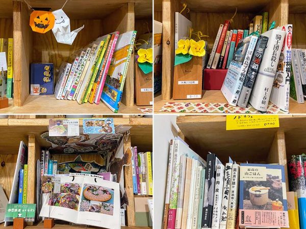 左上／売り上げナンバーワンの絵本の棚　右上／糸島高校23回期で借りてくれた棚。その後、さらに先輩の14回期の棚もできた　</br>左下／糸島らしい、魚をテーマにした棚　右下／同じ商店街内にあるブックカフェ「ノドカフェ」も棚を借りてくれた