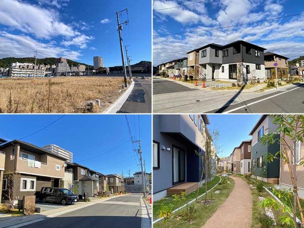 『SATONOWA』の風景。ゆるやかにカーブする街路に沿って、塀のないオープンな住宅が並ぶ。左上は、造成中のエリアから団地北部を見たところ。丘陵地に沿って市営住宅などが建ち並び、背後に山の緑が迫る