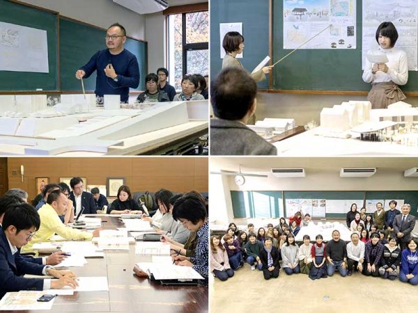 広島女学院大学でのプロジェクトの様子。全員で手分けして敷地模型を作成した。左上はブルースタジオ･大島さんによる冒頭説明。2度にわたるプレゼンを通じて採用案が決定した。左下は実施設計の打ち合わせ風景（写真提供：トータテ都市開発）