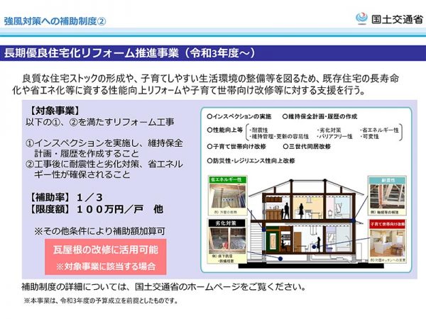 出展：国土交通省 令和4年1月1日から 瓦屋根の緊結方法が強化されます<br>強風対策への補助制度②