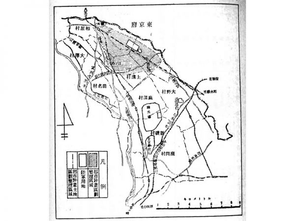 相模原における日本陸軍の各施設と戦後の米軍の進駐状況。注：アメリカルという表現は聞き慣れないがアメリカンではなく、アメリカルで正しい。「アメリカの」の意味である。
出所：『相模原市史　現代テーマ編』