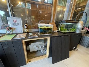 蛇腹のダクトはこの目隠し部分に収納可能。棚のように使えるスペースで、施主の清水さんは熱帯魚を飼っている