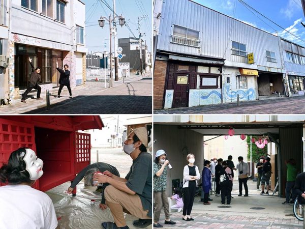 “複合エンタメ施設”、名付けて「シアターキネマティカ」になる予定の物件。増改築を繰り返した建物で、合計80坪ほどの店舗と元住居がある。左上の写真、左が阿部さん、右が矢口さん。2人が借りてくれたことで、久しぶりににぎわいを見せた。敷地内にあった氏神さまも、DIYできれいに改修して祀っている（写真提供：信和物産）