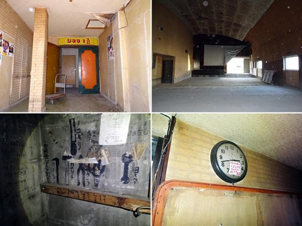石巻市に最後まで残った、築71年の映画館。スクリーンや観客席が残り、映写室の壁には道具の位置を示す絵が描かれていた。壁掛けの時計は、平成23年3月11日の記憶を刻む。ゆくゆくはここで、クラフトビール「巻風（まきかぜ）エール」の醸造･販売が行われる予定だ（写真提供：信和物産）