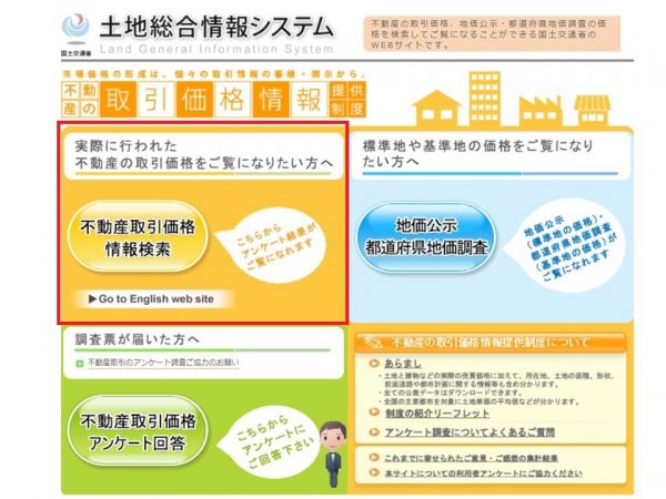 土地総合情報システムのトップ画面。左上の「不動産取引価格情報検索」からさまざまな不動産価格の相場を知ることができる