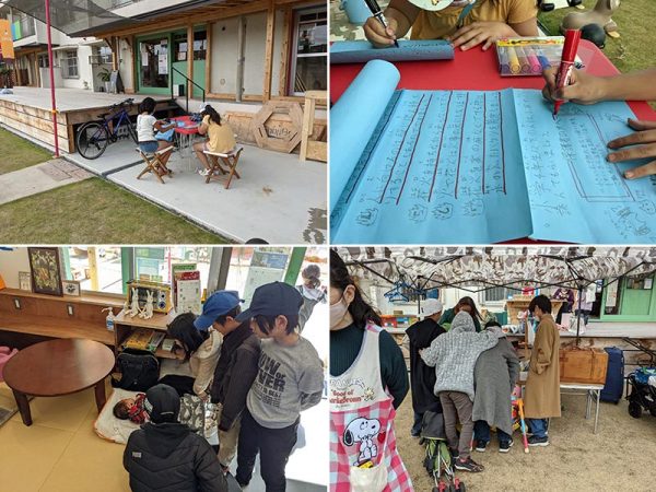 「ひのさと48」の子どもたち。 上２点／小さい子も花火を安全に楽しめるよう、ルール作成中の女子2名。漢字にはふりがなも　</br>左下／ふだんは騒がしい子どもたちも、赤ちゃんが来るとそっと声をひそめて集まってくる　</br>右下／月1回のガレージセールにて。近くの高齢者施設から提供された衣類を100円程度で販売した。いつもは薄着の子どもたちも、このときとばかり上質な上着を買って袖を通す。地域でリユースの環がつながって「きっと、前の持ち主のおじいちゃんおばあちゃんも喜んでくれていると思います」と吉武さん（写真提供：みどりtoゆかり日の里）