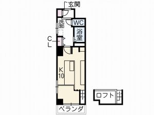 1K10畳の部屋のほとんどをアイランドキッチンが占めている。こんな間取りはなかなか見たことがない