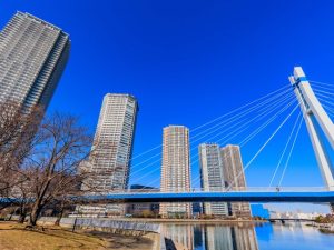 辰巳運河と辰巳のタワーマンション群。手前の橋は辰巳桜橋