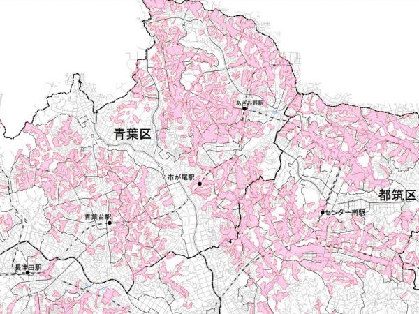 横浜市が公開した、大規模盛土造成地マップの一部（出典：横浜市「大規模盛土造成地マップ」）