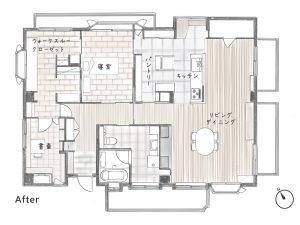 リフォーム後のプラン図<BR>
ファミリー向けの間取りから、単身者用の終の棲家へ。これからを長く快適に暮らせる工夫が随所に凝らされている。クローゼット～寝室～キッチンの動線計画はおひとりさまならでは（第8回トクラス選手権 マンションリフォーム部門特別賞/設計・施工：株式会社スタイル工房 浜田山）
