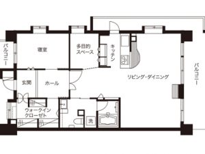 リフォーム後のプラン図<BR>
3LDKのファミリー向けの間取りを、シニア夫婦2人のための終の棲家にリフォーム。間取りを見直すことで、家の中のどこにいても気持ちのいい空間になるよう設計されている（第8回トクラス選手権 最優秀賞/設計・施工：LOHAS studio 越谷）
