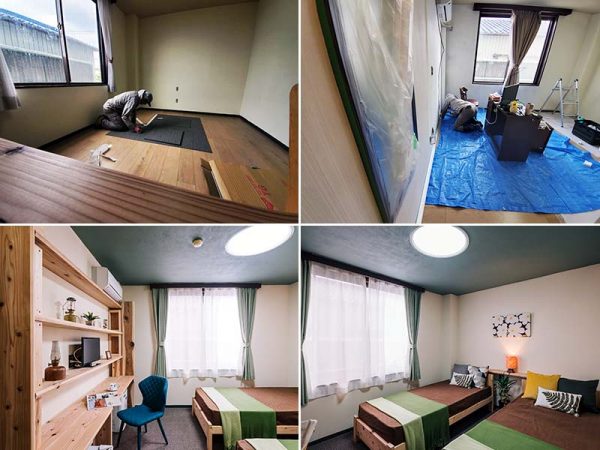 上2点／黙々と作業する木下さん。壁に珪藻土を塗り、床にはタイルカーペットを貼っている。</br>下2点／リノベーション後の203号室。傷や配線跡が目立つ壁は、お手製のデスクと棚で隠した。部屋のイメージに合わせてベッドもリメイク（写真提供：のあそびlabo）