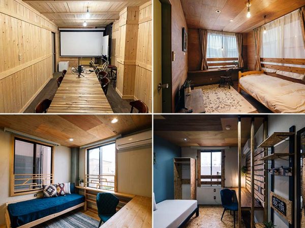 左上／星田さんがリノベした3階の通称「山小屋シアタールーム」。床･壁･天井材はすべてヒノキ。400枚にも及ぶ材料を、すべて1人でヤスリがけしたという。木に包まれた雰囲気が人気で、レンタルスペースとしてよく利用されている。「いろんな人に使ってもらえるのはうれしいですね」と星田さん　右上／村田さんデザインの206号室。角部屋で、ホテルとは思えない開放感がある。テーマカラーはモスグリーンで、窓に面した一枚板のカウンターテーブルが特長　左下／中村さんが親子でDIYした205号室。クラウディブルーが基調で、窓にもデザインを施したシックなインテリア　右下／202号室は、DIYに挑戦したいと参加してくれた主婦の作品。2×4材を中心としたアメリカンな空間になっている（左上を除く3点の写真提供：のあそびlabo）