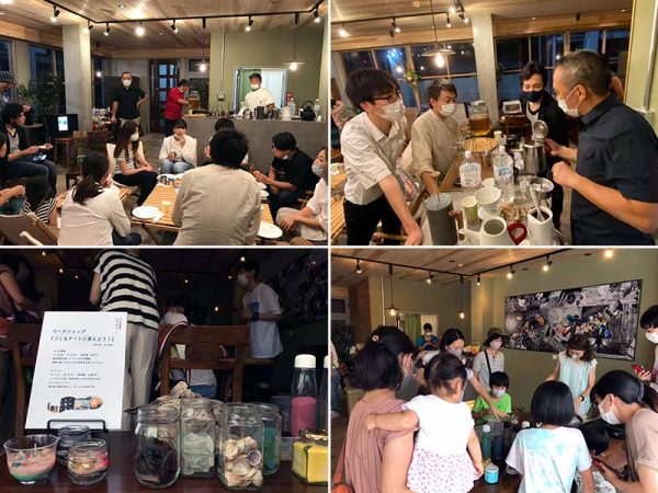 1階のカフェスペースで開催されたイベントの様子。上2点はコーヒーをテーマにしたイベント、下2点は近隣のアーティストによる「ゴミ×アート展」（写真提供：のあそびlabo）