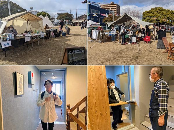 上2点／荒尾駅前の「プロローグ広場」を活用したマルシェの様子（写真提供：のあそびlabo）。左下の写真は「のあそびlodge」の宿泊部門を運営する山本翔夢さん、右下はボランティアでフロントを手伝ってくれている青木匠さん（左）と中村さん
