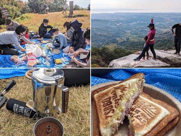 小岱山で行ったハイキングツアーの様子。右上の写真は、荒尾の街並みの向こうに有明海の絶景が見渡せる「唐渡岩」</br>（写真提供：のあそびlabo）
