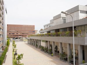 右が小牧市中央図書館で、奥が小牧駅。旧図書館は西へ約1kmのところにあり、駅前への移転でアクセスも便利に。また図書館北側(写真では左)の歩行者専用道路は、市の駅前整備事業により作られ、イベント活用もされる