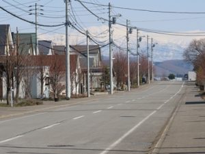 遠くに雪山を望む美しい住宅地、グリーンヴィレッジ