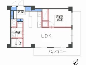 ラーメン構造のマンションの間取り図。赤く塗られた壁は簡易な間仕切り壁のため撤去や移動ができる。青い部分はパイプやダクトスペース、メーターボックスのため移動などはできない
