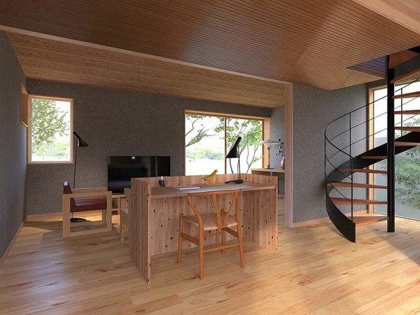 伊礼氏との企画型CLT住宅のイメージ内観図。階段室をコアとし、南側から北側へ奥行きのある空間となっている。伊礼氏が設計したものを骨格とし、工務店が自由に室内の雑壁はプランニングできるという