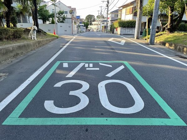 ゾーン30の例。周辺は閑静な住宅地で、ここから200mほど離れた場所に小学校がある