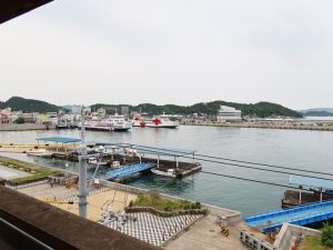 東山ビルから見た宇野港。写真左手の赤い屋根の建物の奥に駅があり、そこから1キロ圏に街の大半の機能が集中している