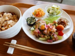 頂いた野菜たっぷりのランチ。ご飯は宇野の魚市場で買ってきた蛸ご飯を盛りつけてもらったもの