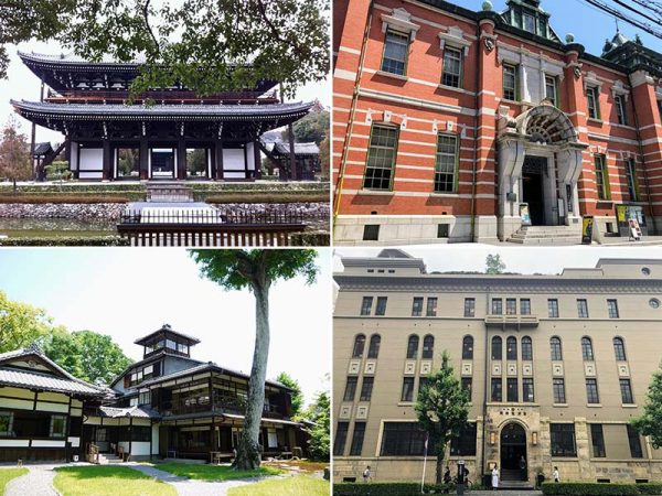 京都に残る多様な時代の建築物の例。左上／京都といえば古刹。室町時代初期に再建された東福寺三門（国宝）右上／1906（明治39）年竣工の旧日本銀行京都支店（現･京都文化博物館）。設計は東京にある日銀本店を手掛けた辰野金吾　左下／明治（右）と大正の和風建築が並ぶ旧三井家下鴨別邸　右下／1927（昭和2）年竣工の島津製作所河原町旧本社（現･フォーチュンガーデン京都）