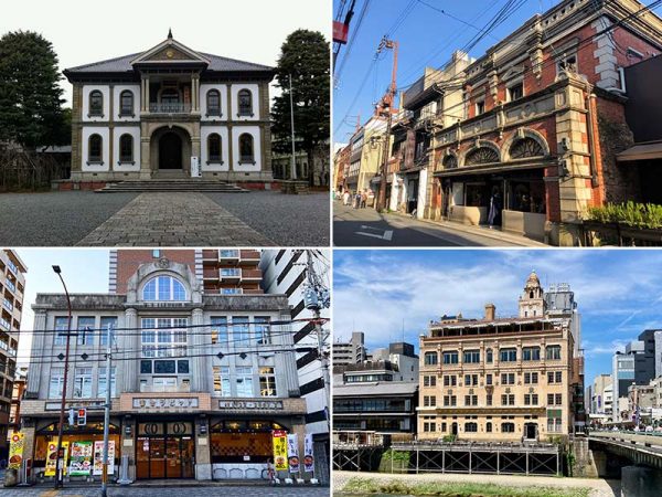 京都に残る多様な時代の建築物の例。左上／京都といえば古刹。室町時代初期に再建された東福寺三門（国宝）右上／1906（明治39）年竣工の旧日本銀行京都支店（現･京都文化博物館）。設計は東京にある日銀本店を手掛けた辰野金吾　左下／明治（右）と大正の和風建築が並ぶ旧三井家下鴨別邸　右下／1927（昭和2）年竣工の島津製作所河原町旧本社（現･フォーチュンガーデン京都）