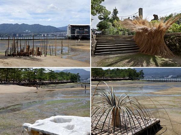 左上から時計回りに、1班「移ろいを織りいだす」、2班「ラウテモオ」、6班「浮-沈」、5班「とどまりたゆたう」の各フォリー。前夜の大潮でフォリーの一部が流されてしまうなど、自然の力を目の当たりにした班もあった ©Satoshi Shigeta