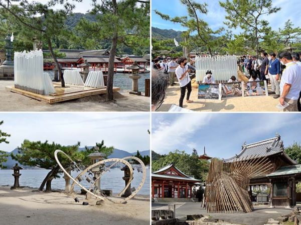 左上から時計回りに、1班「移ろいを織りいだす」、2班「ラウテモオ」、6班「浮-沈」、5班「とどまりたゆたう」の各フォリー。前夜の大潮でフォリーの一部が流されてしまうなど、自然の力を目の当たりにした班もあった ©Satoshi Shigeta