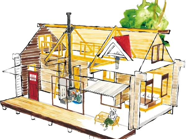 BESSの栖ログ、内観パース。平屋ではあるものの、ログハウスならではの小屋裏を存分に生かした造りになっている