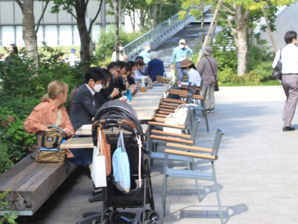 ステージガーデンの屋上に向かう階段に沿って水が流れるカスケード。その隣は芝生広場