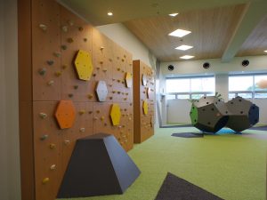 人工芝を敷き詰めた『チャレンジエリア』は、ボルダリングウォールになっている