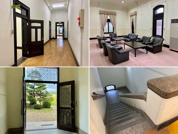 監獄の外から見た表門。双塔とアーチの上部を縁取る櫛形の装飾は、ロマネスク建築に見られる「ロンバルド帯」に倣ったもの。窓にはめられた鉄格子は建築当時そのままという