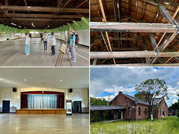 奈良少年刑務所では、理容･建築･金属加工などさまざまな職業訓練が行われていた　左上／この実習場では金魚すくいの網をつくって出荷していたそう　右上／建築について学ぶため、小屋組には部材の名称が書かれている。左下／講堂。慰問公演や親子面談、通信教育の入学式･卒業式などに使われた。右下／赤レンガの医務所。中央に八角形の塔屋があり、ここに天窓を配して採光している