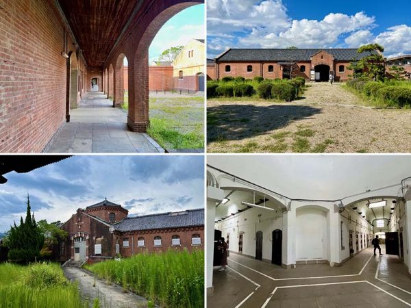 奈良少年刑務所では、理容･建築･金属加工などさまざまな職業訓練が行われていた　左上／この実習場では金魚すくいの網をつくって出荷していたそう　右上／建築について学ぶため、小屋組には部材の名称が書かれている。左下／講堂。慰問公演や親子面談、通信教育の入学式･卒業式などに使われた。右下／赤レンガの医務所。中央に八角形の塔屋があり、ここに天窓を配して採光している