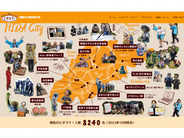 ▲飛騨市の関係案内所『ヒダスケ！』のサイト。「農業のお手伝いや、オンラインを使ったアドバイスなど、様々なプログラムを実施しています。自分のスキルを活かしたい、自然と触れ合いたい等のきっかけでご参加下さる方も多いですね」