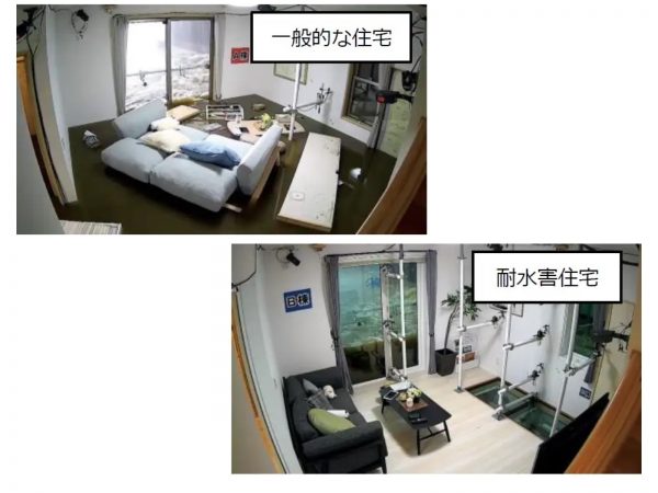 一般的な住宅のリビング（画像上）は浸水し、家具も流されてしまうが、耐水害住宅（画像下）は浸水することなく普段通りの状態を保っている。（「耐水害住宅」の実物大建物浸水実験にて）　一条工務店