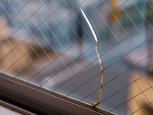 窓ガラスの熱割れのイメージ写真。縁から這うようにひびが入ることが多い